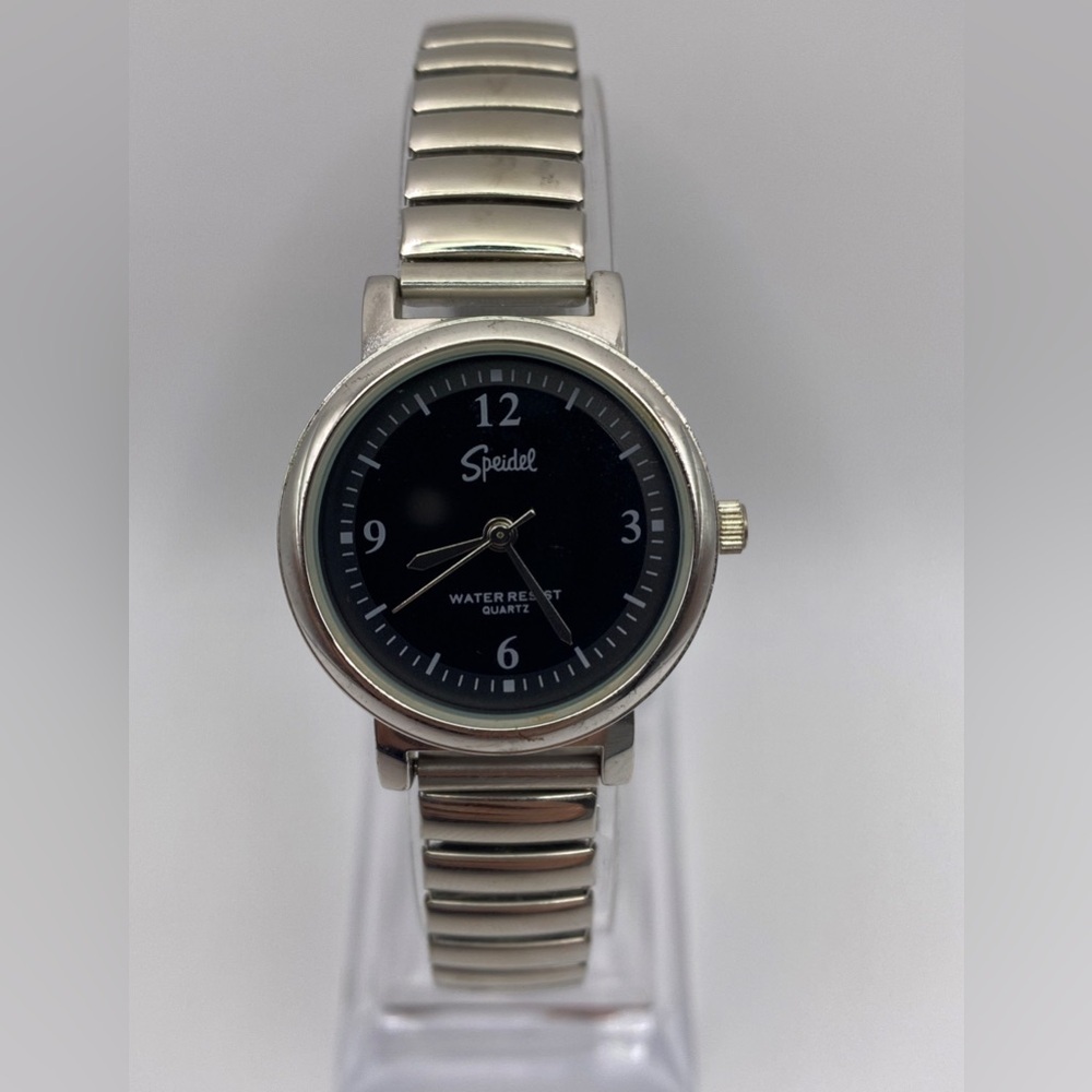 Vintage Silver Tone Speidel Watch Women’s Small 6 1/4” Stretch Band Black Face